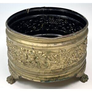 VTG 7"x5" Round Gold Painted Metal Footed PLANTER Pot Embossed Daisies Flowers